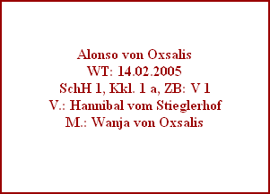 Alonso von Oxsalis
WT: 14.02.2005
SchH 1, Kkl. 1 a, ZB: V 1
V.: Hannibal vom Stieglerhof
M.: Wanja von Oxsalis