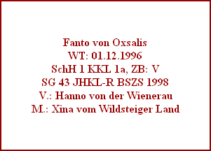 Fanto von Oxsalis
WT: 01.12.1996
SchH 1 KKL 1a, ZB: V
SG 43 JHKL-R BSZS 1998
V.: Hanno von der Wienerau
M.: Xina vom Wildsteiger Land