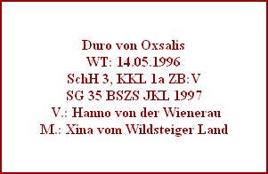 Duro von Oxsalis
WT: 14.05.1996
SchH 3, KKL 1a ZB:V
SG 35 BSZS JKL 1997
 V.: Hanno von der Wienerau
M.: Xina vom Wildsteiger Land