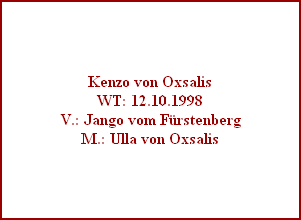 Kenzo von Oxsalis
WT: 12.10.1998
V.: Jango vom Fürstenberg
M.: Ulla von Oxsalis