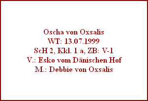 Oscha von Oxsalis
WT: 13.07.1999
ScH 2, Kkl. 1 a, ZB: V-1
V.: Esko vom Dänischen Hof
M.: Debbie von Oxsalis